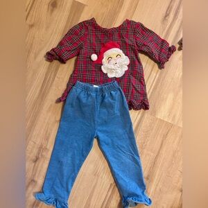 Classical Whimsy Plaid Santa Top and Blue Pants Set Sz 24 months